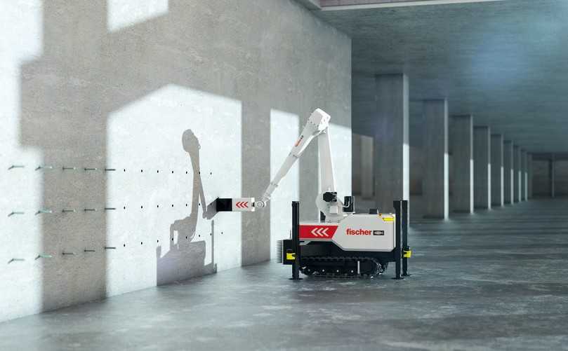Weltneuheit auf der BAU 2023: Der Baubot übernimmt die Bohrlocherstellung und Installation der Fischer-Befestigungslösungen an Decken, an Wänden und in Böden vollautomatisch. | Foto: Fischer Weltneuheit auf der BAU 2023: Der Baubot übernimmt die Bohrlocherstellung und Installation der Fischer-Befestigungslösungen an Decken, an Wänden und in Böden vollautomatisch. | Foto: Fischer