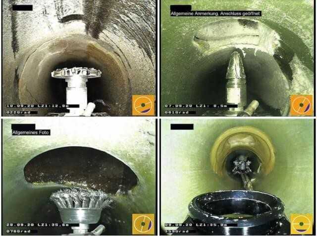Abb. 3: Kuchler nutzt den Fräsroboter MicroGator in Ulm unter anderem für vorbereitende Fräsarbeiten vor Schlauchliner-Einzug (hier Muffenversatz glätten), zum Öffnen der Zuläufe nach Schlauchliner-Einzug, für das Hutprofilsetzen vorbereitende Fräsarbeiten (hier das Anrauen der Zuläufe mit dem Stahlbürsten-Aufsatz), zum Einführen, Positionieren und Entfernen des Hutprofil-Packers.
