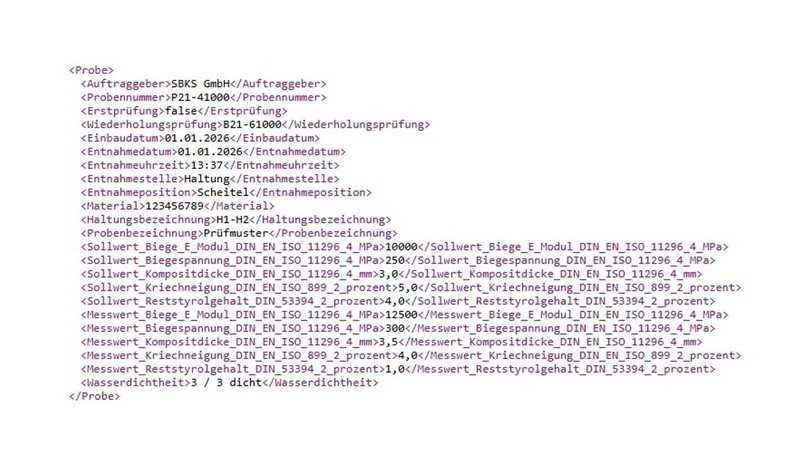 Exemplarische Darstellung einer strukturierten XML-Datei für die Übertragung von Prüfergebnissen an Schlauchlinerproben. | Foto: SBKS
