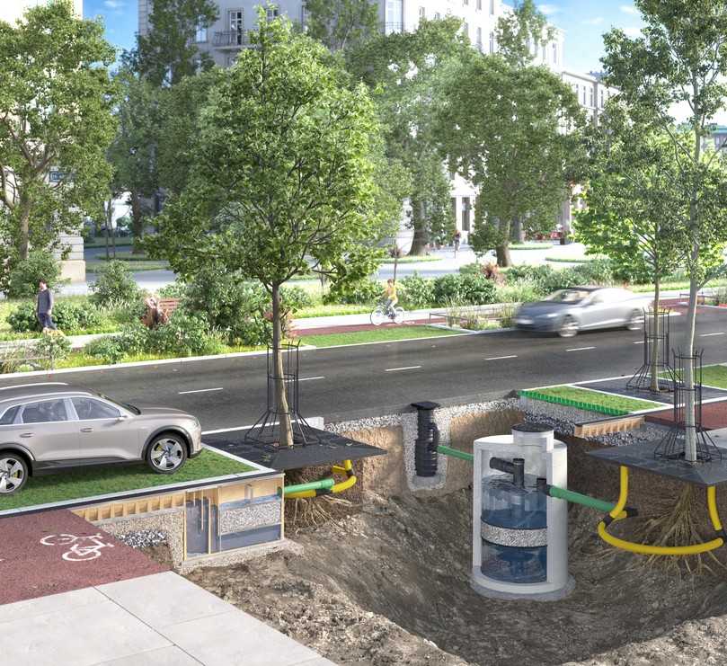Durch die effektive und geprüfte Reinigung des Niederschlagswassers eignet sich das Aco Stormclean-System im Straßenbereich zur Bewässerung der Baumstandorte. Rechts die Pia-geprüfte Filteranlage im Schacht. | Foto: Aco