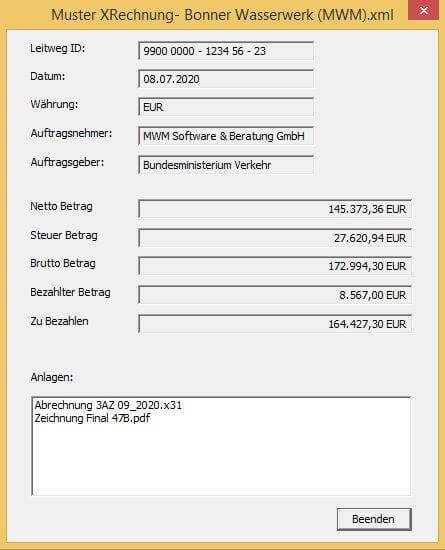 Darstellung einer XRechnung im MWM-Viewer