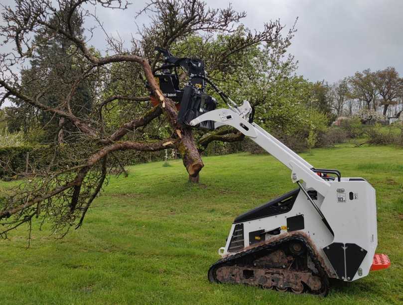 Mini-Lader MT100 von Bobcat mit Baumschere-Anbaugerät – wegen des kompakten Raupenfahrwerks auch auf empfindlichem Untergrund wie Rasenflächen einsetzbar. | Foto: Bobcat