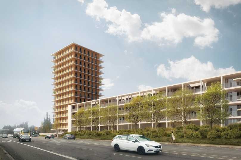 Ein 14-geschossiges Hochhaus aus Holz und Beton, das 45 Meter in die Höhe ragen soll, entsteht gerade in Pforzheim. Zu dem Neubau-Komplex gehören noch zwei angrenzende Gebäuderiegel. Neben insgesamt 73 neuen Wohnungen inklusive Tiefgaragenstellplatz werden in dem Gebäude-Ensemble auch eine Kindertagesstätte und eine Bäckerei mit Tages-Café Platz finden. | Foto: Visualisierung: Peter W. Schmidt Architekten GmbH Ein 14-geschossiges Hochhaus aus Holz und Beton, das 45 Meter in die Höhe ragen soll, entsteht gerade in Pforzheim. Zu dem Neubau-Komplex gehören noch zwei angrenzende Gebäuderiegel. Neben insgesamt 73 neuen Wohnungen inklusive Tiefgaragenstellplatz werden in dem Gebäude-Ensemble auch eine Kindertagesstätte und eine Bäckerei mit Tages-Café Platz finden. | Foto: Visualisierung: Peter W. Schmidt Architekten GmbH