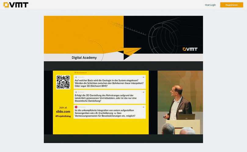Zum Stellen von Fragen konnte im Saal und an den Bildschirmen mit Slido ein Online-Tool genutzt werden, mit dem über das Smartphone sehr einfach und benutzerfreundlich bereits während der Vorträge Fragen und Anmerkungen formuliert und abgeschickt werden konnten. Von dieser Möglichkeit wurde rege Gebrauch gemacht. | Foto: VMT Zum Stellen von Fragen konnte im Saal und an den Bildschirmen mit Slido ein Online-Tool genutzt werden, mit dem über das Smartphone sehr einfach und benutzerfreundlich bereits während der Vorträge Fragen und Anmerkungen formuliert und abgeschickt werden konnten. Von dieser Möglichkeit wurde rege Gebrauch gemacht. | Foto: VMT