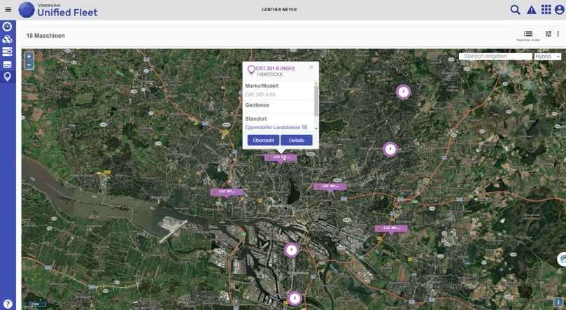 Für die Digitalisierung bei der Günther Meyer GmbH spielt das Flottenmanagement Vision Link die Hauptrolle. Daten wie Betriebsstunden, Leerlauf und Kraftstoffverbrauch werden aufgezeichnet, und auch ein virtueller Bewegungsradius der Baumaschinen kann festgelegt werden. | Foto: Zeppelin Baumaschinen