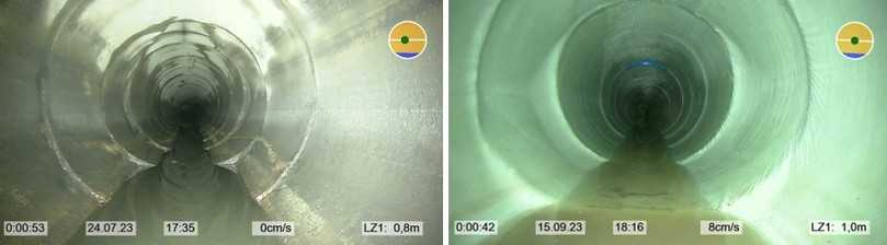 Links: Beton DN 100, Versätze und komplexe Risse; rechts: eng an der Rohrwand anliegender Liner, der das behobene Schadensbild durch die Linerwand erkennen lässt. | Foto: IBAK Links: Beton DN 100, Versätze und komplexe Risse; rechts: eng an der Rohrwand anliegender Liner, der das behobene Schadensbild durch die Linerwand erkennen lässt. | Foto: IBAK