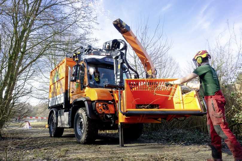 Der orangefarbene Unimog 430 wird beim Bremer Baumdienst liebevoll als „Biest“ bezeichnet. | Foto: Daimler Truck Der orangefarbene Unimog 430 wird beim Bremer Baumdienst liebevoll als „Biest“ bezeichnet. | Foto: Daimler Truck