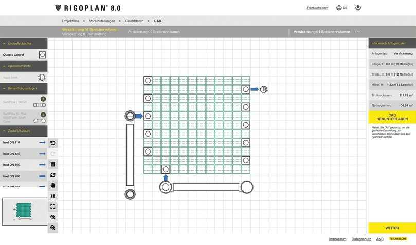 Ein neues Feature in der Bemessungssoftware RigoPlan 8.0 von Fränkische ist ein grafischer Anlagenkonfigurator, der das gewählte System aus Füllkörperrigolen, Regenwasserbehandlungsanlagen, Drosseln und Schächten visuell darstellt. | Foto: Fränkische Ein neues Feature in der Bemessungssoftware RigoPlan 8.0 von Fränkische ist ein grafischer Anlagenkonfigurator, der das gewählte System aus Füllkörperrigolen, Regenwasserbehandlungsanlagen, Drosseln und Schächten visuell darstellt. | Foto: Fränkische