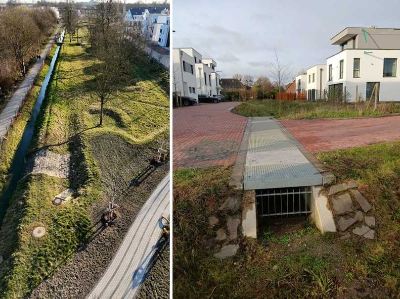 Blick über die zentrale Grünachse als Versickerungsanlage mit direkter Einleitung in den Vorfluter (links) und eine geschlossene Rinne zwischen den Versickerungsgräben zur Querung von Wegen und Straßen (rechts) als Maßnahmen im öffentlichen Bereich | Foto: WBD