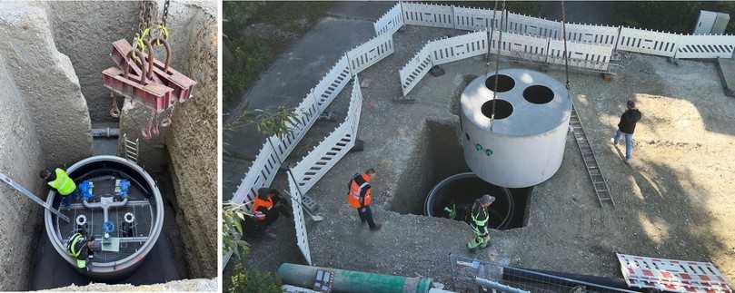 Positionieren des Schachts in der Baugrube inkl. enthaltener Bestandsleitung | Foto: Flüssigboden Engineering Positionieren des Schachts in der Baugrube inkl. enthaltener Bestandsleitung | Foto: Flüssigboden Engineering