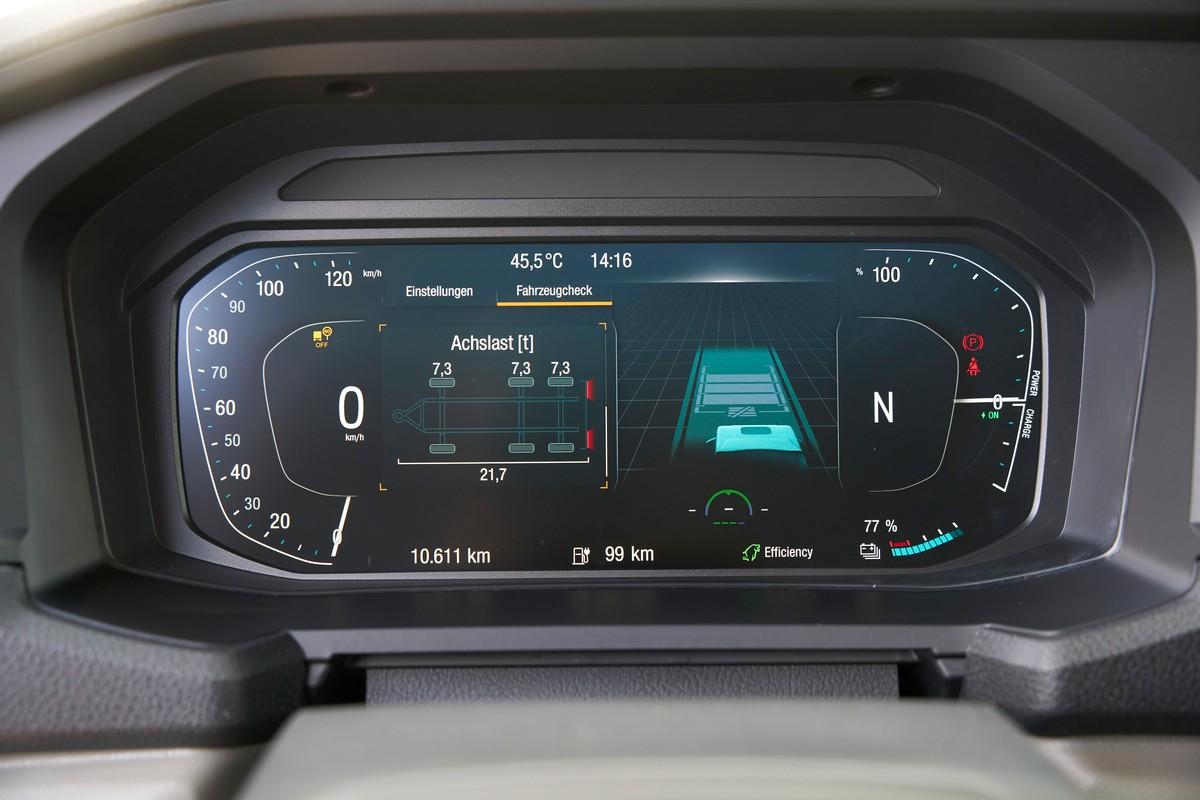 Das digitale Display in den MAN eTrucks gibt auch Auskunft über die Achslasten der Trailer. | Foto: MAN Truck & Bus Das digitale Display in den MAN eTrucks gibt auch Auskunft über die Achslasten der Trailer. | Foto: MAN Truck & Bus