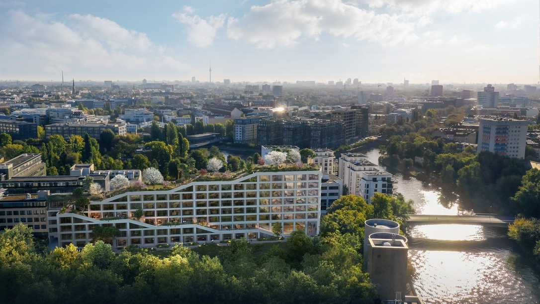Bürohaus in Berlin: Park und 12-Meter-Bäume auf dem Dach Bürohaus in Berlin: Park und 12-Meter-Bäume auf dem Dach