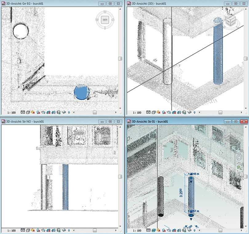 Bei der Auswertung werden die Punktdaten sukzessive durch CAD- oder BIM-Objekte – hier eine Stütze – passgenau überlagert. | Foto: Laser Scanning Architecture Bei der Auswertung werden die Punktdaten sukzessive durch CAD- oder BIM-Objekte – hier eine Stütze – passgenau überlagert. | Foto: Laser Scanning Architecture