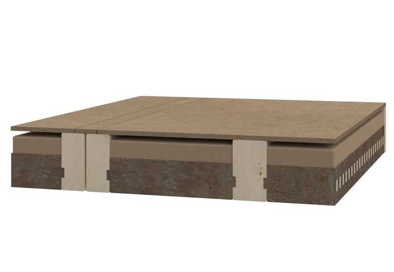 Der Schichtenaufbau der Massivdecke: Holzbalkenstruktur mit Lehmeinschub und Hohlraumbedämpfung, Holzwerkstoffplatte als obere Beplankung. | Foto: Julian Trummer