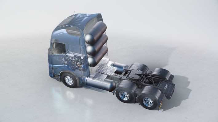Der Volvo FH mit H2-Verbrenner verfügt über Wasserstofftanks hinter der Kabine und nutzt HVO als Zündkraftstoff. | Foto: Volvo Trucks Der Volvo FH mit H2-Verbrenner verfügt über Wasserstofftanks hinter der Kabine und nutzt HVO als Zündkraftstoff. | Foto: Volvo Trucks