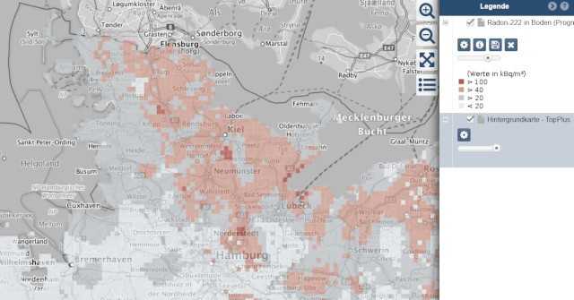 (Bild 3) Einen Überblick über das Radonvorkommen verschafft die Radonkarte im BfS-Geoportal – hier beispielhaft für Norddeutschland (www.imis.bfs.de/geoportal)