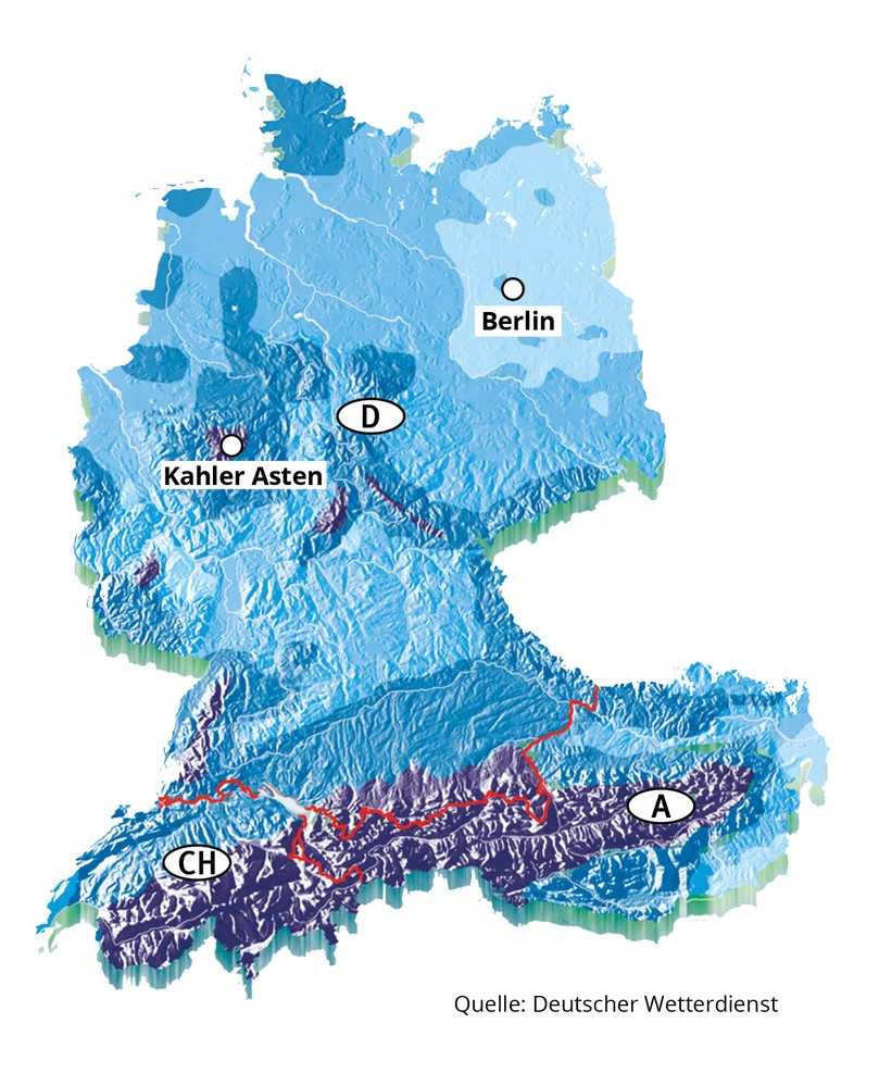 Jahresniederschläge Deutschland, Schweiz, Österreich (langjährige Mittelwerte) | Foto: Deutscher Wetterdienst Jahresniederschläge Deutschland, Schweiz, Österreich (langjährige Mittelwerte) | Foto: Deutscher Wetterdienst