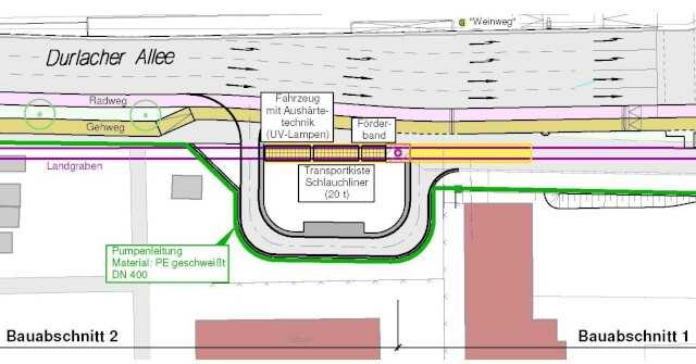 Schemaplan der Sanierungsmaßnahme Landgraben in zwei Bauabschnitten. Die Abteilung Stadtentwässerung im Tiefbauamt Karlsruhe hat Ausschreibung, Planung, Abrechnung und Bauleitung eigenständig durchgeführt. | Foto: Stadt Karlsruhe, Tiefbauamt Schemaplan der Sanierungsmaßnahme Landgraben in zwei Bauabschnitten. Die Abteilung Stadtentwässerung im Tiefbauamt Karlsruhe hat Ausschreibung, Planung, Abrechnung und Bauleitung eigenständig durchgeführt. | Foto: Stadt Karlsruhe, Tiefbauamt