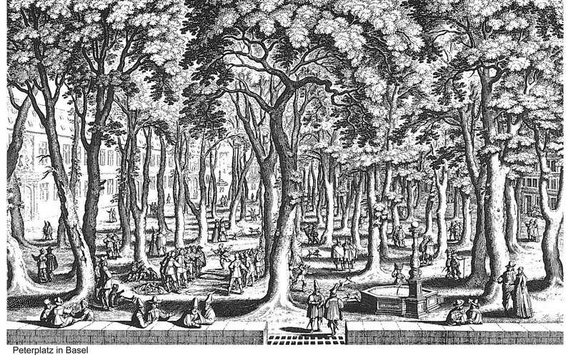 Der Merian-Stich vom Petersplatz in Basel belegt, dass Baumgärten schon im Jahr 1277 bei der städtischen Bevölkerung sehr beliebt waren. | Foto: Merian, Matthäus Der Merian-Stich vom Petersplatz in Basel belegt, dass Baumgärten schon im Jahr 1277 bei der städtischen Bevölkerung sehr beliebt waren. | Foto: Merian, Matthäus