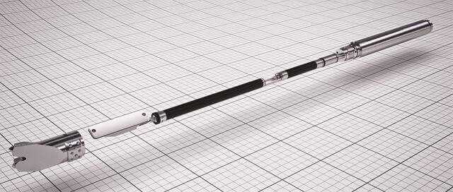 Abb. 2: Bohrkopfradar Orfeus im Einbauzustand (links: Bohrkopf, Mitte: Antennengehäuse mit Antennenfenster, rechts: Gehäuse mit Ortungssonde und Verbinder zum Bohrgestänge).