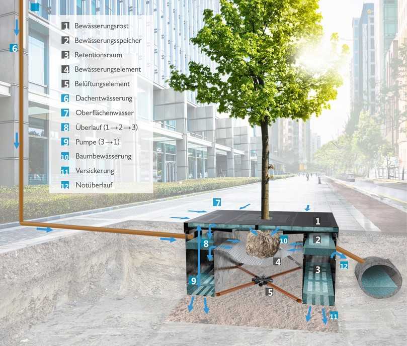 Abb. 1: Prinzipskizze des Baumrigolensystems ALVEUS (Fa. Humberg) | Foto: Humberg GmbH, FH Münster Abb. 1: Prinzipskizze des Baumrigolensystems ALVEUS (Fa. Humberg) | Foto: Humberg GmbH, FH Münster