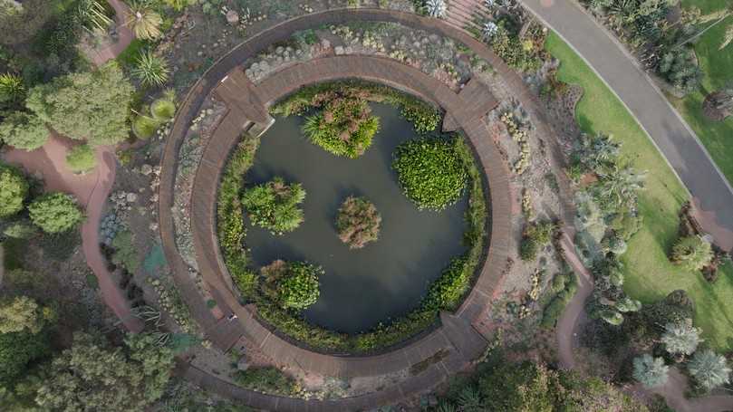 Guilfoyles' Volcano ist ein Wasserreservoir aus den 1920er/30er Jahren. Nach seiner Stilllegung wurde es 2010 reaktiviert. Mit seinen fünf „floating islands“, jenen von reinigenden Pflanzen bewachsenen Wasserfiltern, ist der „Vulkan“ heute ein zentraler Bestandteil des modernen Wassermanagements der Gärten. | Foto: Stihl