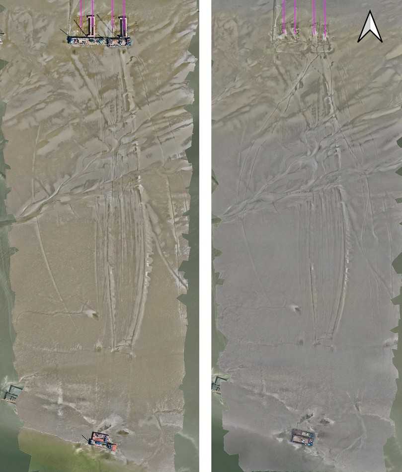Abbildung 2: Erholung der Spuren im Watt (links: 24.8.2023, rechts: 18.9.2023) | Foto: LMR Abbildung 2: Erholung der Spuren im Watt (links: 24.8.2023, rechts: 18.9.2023) | Foto: LMR