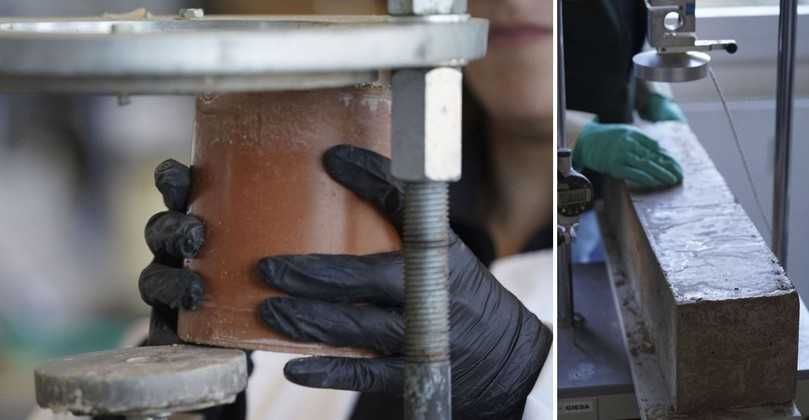 Links: Mantelreibungsversuch zur Bestimmung der Reibkräfte bei schwindungsfreien Flüssigboden, rechts: Bestimmung des Biegezugmoments für RSS-Wände | Foto: Flüssigboden Engineering GmbH