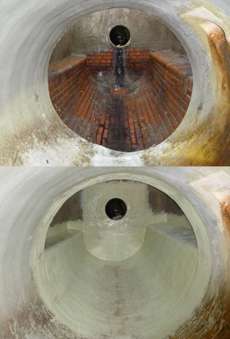 Das Schachtbauwerk mit flächig undichtem Klinkermauerwerk und Schlauchliner im Zu- und Auslaufbereich wurde in der Berme und im Gerinne komplett mit Handlaminat beschichtet. | Foto: Katec Kanaltechnik Das Schachtbauwerk mit flächig undichtem Klinkermauerwerk und Schlauchliner im Zu- und Auslaufbereich wurde in der Berme und im Gerinne komplett mit Handlaminat beschichtet. | Foto: Katec Kanaltechnik