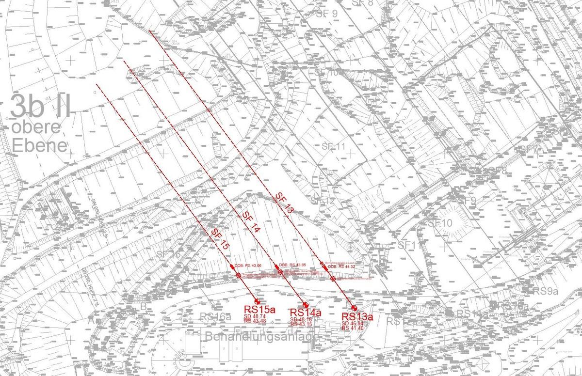 Bild 2: Lage der Endschächte und Leitungen RS13a, RS14a und RS15a | Foto: AGR/ICP Bild 2: Lage der Endschächte und Leitungen RS13a, RS14a und RS15a | Foto: AGR/ICP