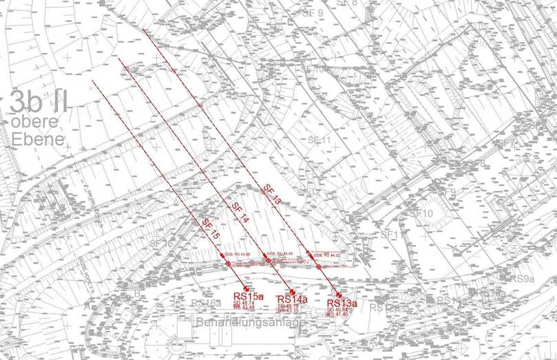 Bild 2: Lage der Endschächte und Leitungen RS13a, RS14a und RS15a | Foto: AGR/ICP Bild 2: Lage der Endschächte und Leitungen RS13a, RS14a und RS15a | Foto: AGR/ICP