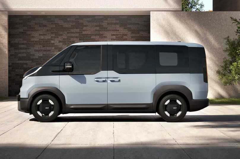 Die niedrige Schulterlinie des PV5 Passenger ermöglicht große Fensterflächen, die den Insassen eine gute Sicht bieten dürfte. | Foto: Kia