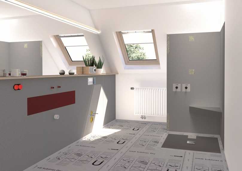 Auch unter einer Dachschräge lässt sich eine bodenfreie Dusche einbauen. | Foto: Wedi Auch unter einer Dachschräge lässt sich eine bodenfreie Dusche einbauen. | Foto: Wedi