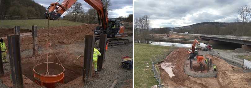 Damit sich der Flüssigboden beim Einbringen in die tiefe Grube nicht durch zu hohen Energieeintrag entmischt, wurde er mit Kübeln und somit geringerer Fallhöhe eingebracht. | Foto: Flüssigboden Engineering