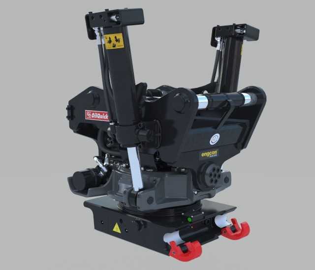 Der neue Oilquick-Tiltrotator mit Engcon-Drehantrieb: Das Label "Engcon inside“ weist auf die neue Partnerschaft hin. Der neue Oilquick-Tiltrotator mit Engcon-Drehantrieb: Das Label "Engcon inside“ weist auf die neue Partnerschaft hin.