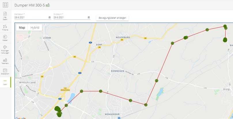 Durch die automatische Erfassung des Live-Standorts sowie der Betriebsstunden konnte der Diebstahl in der Benutzeroberfläche der Bausoftware One-Stop Pro genau nachvollzogen werden. | Foto: OneStop Pro Durch die automatische Erfassung des Live-Standorts sowie der Betriebsstunden konnte der Diebstahl in der Benutzeroberfläche der Bausoftware One-Stop Pro genau nachvollzogen werden. | Foto: OneStop Pro
