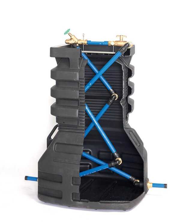 Erst wenn der Endkunde sein Trink- wasser benötigt, wird der Wasserzähler im Plasson-Schacht eingebaut. Hierzu wird das scherenförmig aufgebaute und innenliegende PE-Gestänge des Schachtes auf Höhe des Straßenniveaus gezogen, um dann in die bereits installierte Wasserzählergarnitur den Wasserzähler einzubauen. | Fotos: Plasson