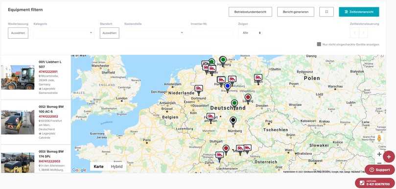 In der Kartenansicht der SAM-Software sehen Bauunternehmer:innen die genauen Standorte ihrer Baumaschinen in einer Übersicht. | Foto: Sharemac In der Kartenansicht der SAM-Software sehen Bauunternehmer:innen die genauen Standorte ihrer Baumaschinen in einer Übersicht. | Foto: Sharemac