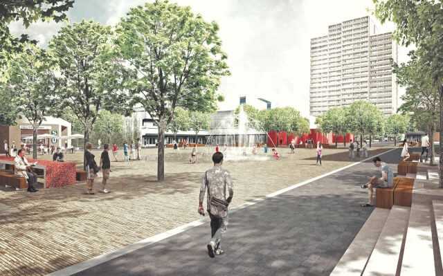 Blick über den Pariser Platz: Geplant wurde ein neues urbanes Wohnzimmer mit Springbrunnen und einem 20 m langen „Tisch der Nationen“. | Abb.: lad+ landschaftsarchitektur/Diekmann