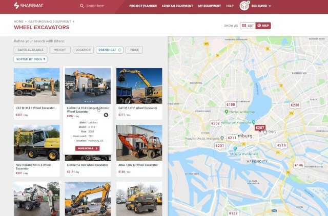 Das Suchergebnis der Vermietplattform gibt Auskunft über Preis und Verfügbarkeit von Baumaschinen in einer Region. | Abb.: Sharemac Das Suchergebnis der Vermietplattform gibt Auskunft über Preis und Verfügbarkeit von Baumaschinen in einer Region. | Abb.: Sharemac
