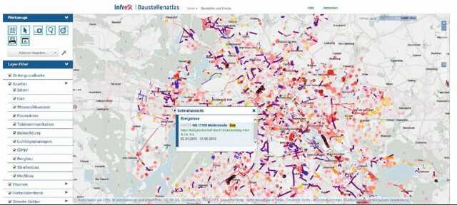 Infrest: Suchmaske und Karte mit Bauvorhaben im Baustellenatlas. | Abb.: Infrest Infrest: Suchmaske und Karte mit Bauvorhaben im Baustellenatlas. | Abb.: Infrest