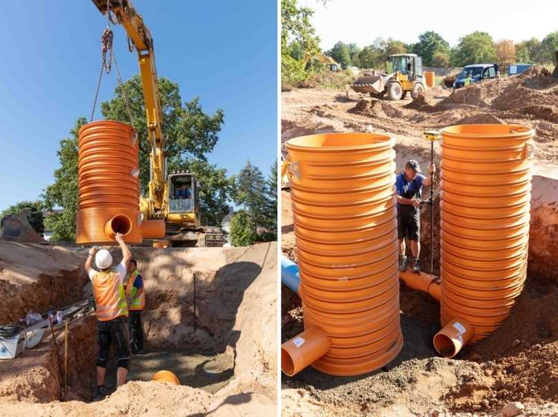 Die schnelle Montage sichert den zügigen Baufortschritt: Die leichten Abwasserschächte aus Polypropylen werden passgenau eingefügt. | Foto: Rehau Die schnelle Montage sichert den zügigen Baufortschritt: Die leichten Abwasserschächte aus Polypropylen werden passgenau eingefügt. | Foto: Rehau