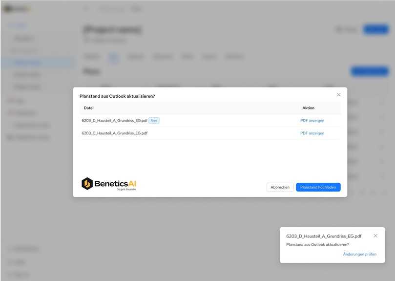 Der KI E-Mail Assistent erkennt Bauplan-PDFs in E-Mail-Anhängen und meldet neue Planstände im Postfach. Mit einem Klick kann sichergestellt werden, dass auf der Baustelle nur noch mit der aktuellen Version gearbeitet wird. | Foto: Benetics AI