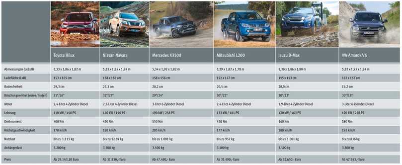 Übersicht zum Pickup-Test: Mit einem Klick auf die Tabelle erhalten Sie eine größere Ansicht. | Foto: B_I baumagazin Übersicht zum Pickup-Test: Mit einem Klick auf die Tabelle erhalten Sie eine größere Ansicht. | Foto: B_I baumagazin