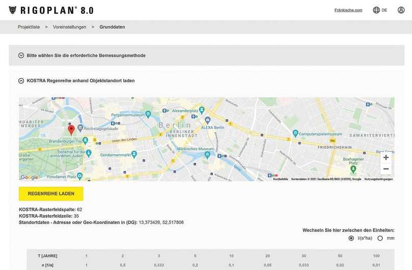 Neu in RigoPlan 8.0: Die aktualisierte Bemessungssoftware generiert die Werte zur Regendatenermittlung automatisch über den Projektstandort in Google Maps. | Foto: Fränkische Neu in RigoPlan 8.0: Die aktualisierte Bemessungssoftware generiert die Werte zur Regendatenermittlung automatisch über den Projektstandort in Google Maps. | Foto: Fränkische