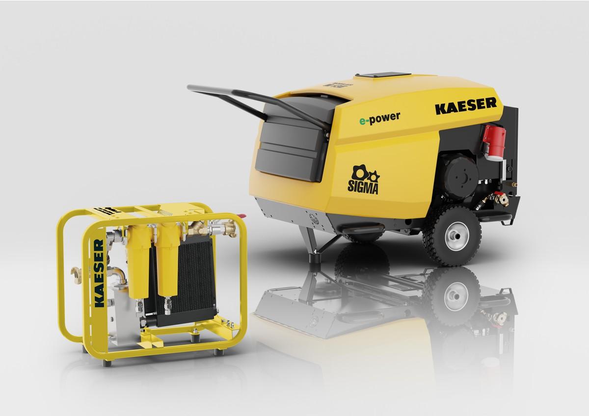 Abgasfrei und "flüsterleise": Technisch ölfreie Druckluft liefern die e-Power-Modelle mit praktischem Tragegestell für Druckluftnachkühler und Mikrofilterkombination. | Foto: Kaeser Abgasfrei und "flüsterleise": Technisch ölfreie Druckluft liefern die e-Power-Modelle mit praktischem Tragegestell für Druckluftnachkühler und Mikrofilterkombination. | Foto: Kaeser