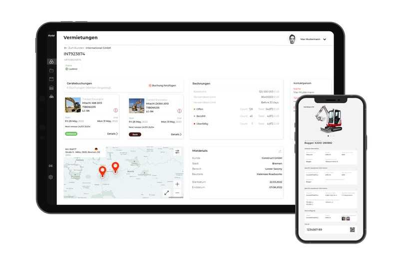 Im Rental Asset Manager (RAM) von Syniotec sind alle vermieteten Baumaschinen und -geräte mit sämtlichen Daten hinterlegt - übersichtlich auf Tablet oder Smartphone. | Foto: Syniotec Im Rental Asset Manager (RAM) von Syniotec sind alle vermieteten Baumaschinen und -geräte mit sämtlichen Daten hinterlegt - übersichtlich auf Tablet oder Smartphone. | Foto: Syniotec