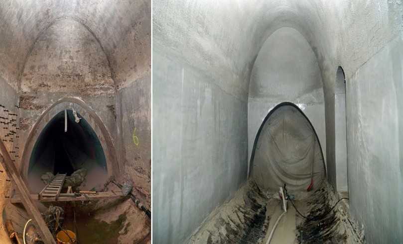 Bauzustand des Übergangsbereichs vom Hauptkanal zum Entlastungsbauwerk vor und nach der Beschichtung mit ombran MHP-SP 3000 | Foto: MC-Bauchemie Bauzustand des Übergangsbereichs vom Hauptkanal zum Entlastungsbauwerk vor und nach der Beschichtung mit ombran MHP-SP 3000 | Foto: MC-Bauchemie
