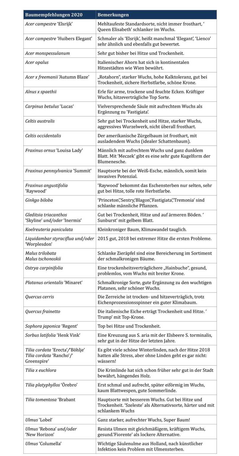 Zusammenfassende Baumempfehlungen 2020. | Foto: Tabelle: Klaus Körber, LWG Veitshöchheim Zusammenfassende Baumempfehlungen 2020. | Foto: Tabelle: Klaus Körber, LWG Veitshöchheim