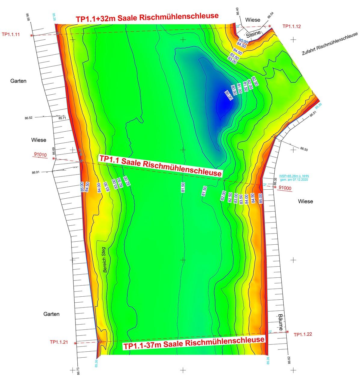 Abb. 5: Tiefenlinienplan der Saale im Querungsbereich vor Baubeginn | Foto: Midic GmbH Abb. 5: Tiefenlinienplan der Saale im Querungsbereich vor Baubeginn | Foto: Midic GmbH
